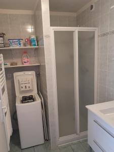 a bathroom with a shower and a washer at la fontaine bénite in Seyssel