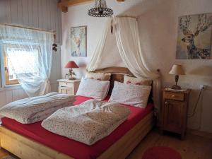 a bedroom with a large bed with a canopy at Baita Nido tra i Monti in Daone