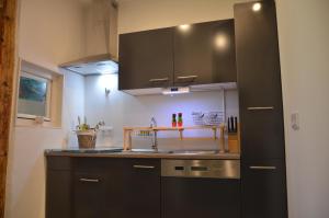 a kitchen with black cabinets and a sink at Ferienwohnung Harz Idylle in Güntersberge