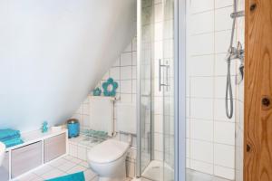 a bathroom with a toilet and a shower at Weitblick in Wesselburen