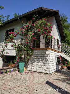 ein Haus mit einem Fenster, das mit Blumen verziert ist in der Unterkunft Maison de vacances Diff in Puttelange-aux-Lacs