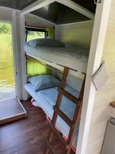 ein Etagenbett in einem Minihaus mit einer Leiter in der Unterkunft Floss Priepert 2 in Priepert