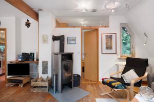 a living room with a fireplace and a tv at Ferienhaus am Brandorffsee in Wiefelstede