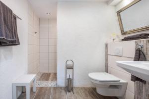 a white bathroom with a toilet and a sink at Ferienwohnung Silberborth mit Sauna in Seesen +17 photos