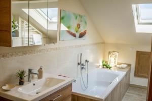 a bathroom with a sink and a mirror at Ferienwohnung Bergpanorama in Garmisch-Partenkirchen +18 photos