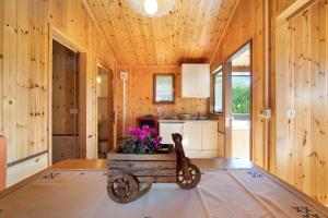 a kitchen with wood paneling and a wooden wall at Casa Genziana in Barzio