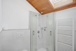 a bathroom with a shower with a glass door at Ferienwohnung Haus Reiteralm in Schneizlreuth +11 photos