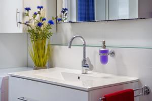a bathroom with a sink and a purple soap dispenser at Apartment Nordstern in Baabe +16 photos