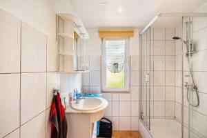 a bathroom with a sink and a shower at Bungalow 179 in Zeulenroda +9 photos