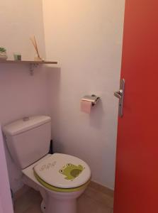 a bathroom with a toilet with a frog on the lid at Duplex Près Du Lac De La Raviège in La Salvetat +16 photos