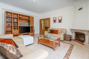 a living room with a couch and a fireplace at Casa Village in Senhora do Verde
