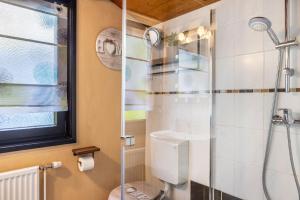 a bathroom with a shower and a toilet and a sink at Ferienhaus Sweet Home in Machtlos +23 photos