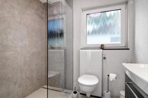 a bathroom with a toilet and a sink and a window at Krautter in Uhldingen-Mühlhofen