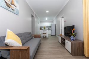 a living room with a couch and a tv at Oásis Fonte Grande in Santo António