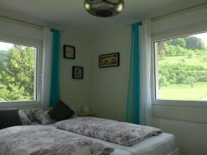 a bedroom with a bed and a large window at Ferienwohnung Schwarzwald-Traum in Haslach im Kinzigtal