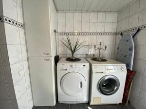 a washer and dryer in a small bathroom at Ferienwohnung an der Berkelquelle in Billerbeck