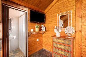a bathroom with a television and a dresser with a mirror at los diablitos 4 in San Juan de la Rambla
