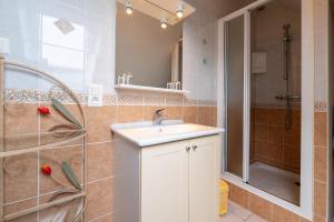 a bathroom with a sink and a shower at Gite Refuge du Blavet 2 étoiles in Saint-Barthélemy +17 photos