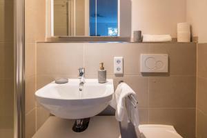 a bathroom with a white sink and a mirror at Ferienwohnung Im Haidelmoos in Konstanz +9 photos