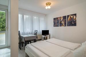 a bedroom with a bed and a desk with a computer at Fewo Eg Mitte - Hunde erlaubt in Oberteuringen