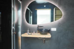 a bathroom with a bowl sink and a mirror at Ecolodge à 300m de la plage in Pléneuf-Val-André +19 photos