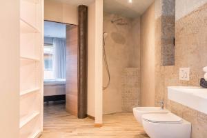a bathroom with a shower and a toilet and a sink at Aumia Apartment Saphir in Völs am Schlern +16 photos