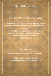 a poster of a menu for a baralam malaka malaka malaka mal at Dar lalla Malika in Rabat