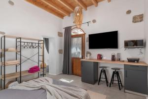 a bedroom with a bed and a desk with a tv at Arrieta Costa Rural in Tabayesco
