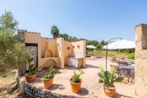 a patio with potted plants in front of a house at Can Carboneta in Artá