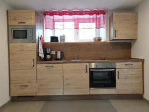 a kitchen with wooden cabinets and a sink and a window at wohnung-nummer-2 in Pielenhofen