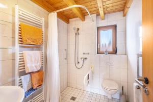 a bathroom with a shower and a toilet and a sink at Ferienhaus Katrin in Bad Urach +11 photos