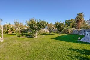 a grassy yard with trees and a stone wall at Chambres d’hôtes Chantal Hereaudeau in Ars-en-Ré