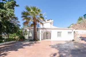 a palm tree in front of a white house at Finca Colica in Cómpeta