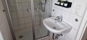 a bathroom with a sink and a shower at M B Homes Schlatt 2 Worker House in Hechingen