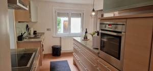 a kitchen with stainless steel appliances and a window at M B Homes Schlatt 2 Worker House in Hechingen