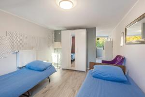 two beds in a room with blue pillows at Green wonder in Friedrichsdorf