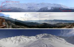 two pictures of snow capped mountains and a city at Appart 7 Laux - Balcon Sud in Les Adrets +2 photos