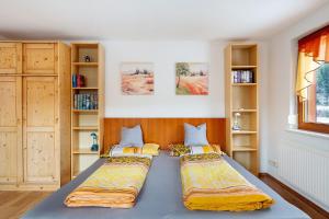 two beds in a room with bookshelves at Haus an der Breg in Vöhrenbach