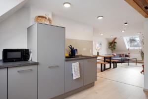 a kitchen with a refrigerator and a living room at Haus an der Breg in Vöhrenbach