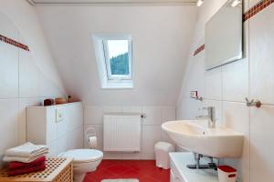 a white bathroom with a sink and a toilet at Haus an der Breg in Vöhrenbach +29 photos