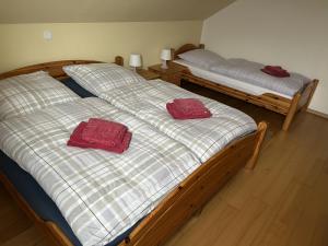 two beds in a room with red pillows on them at Ferienwohnung Moos-Hochsauerland in Olsberg
