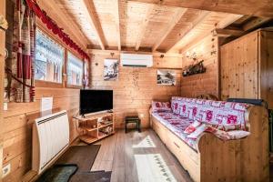 a living room with a couch and a television at Chalet 6p Premium - La Bergeronette in Verchaix