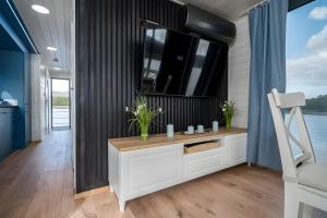 a bathroom with a sink and a mirror at Entspannung pur - Hausboot Liberty in Fürstenberg