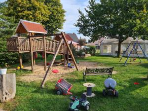 a park with a playground with toys in the grass at Lütt Smedhoff - Appartement Dresden in Gülzow