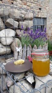 a table with a jar of honey and some flowers at Lütt Smedhoff - Appartement Dresden in Gülzow