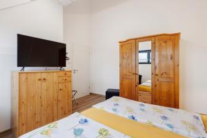 a bedroom with a bed and a flat screen tv at Deluxe Ferienwohnungen Diana in Radolfzell am Bodensee