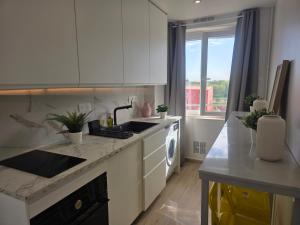 a kitchen with white cabinets and a sink and a window at Paris vous aime in Le Kremlin-Bicêtre +14 photos