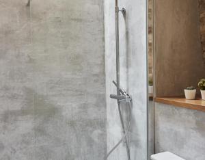 a shower with a glass door in a bathroom at Casa Comalats in Montoliu de Segarra +29 photos