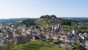 an aerial view of a town with houses and trees at La Salamandre in Saint-Agrève