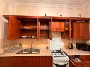 a kitchen with a sink and a stove and cabinets at Republic Square FAMILY 2 bedroom 2 bathroom in Yerevan